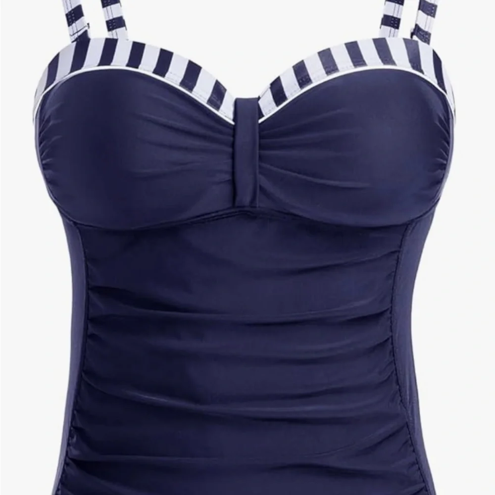 #356 Talisea Navy Blue 2 Piece Classy Striped Women's Swimsuit - Picture 3 of 10